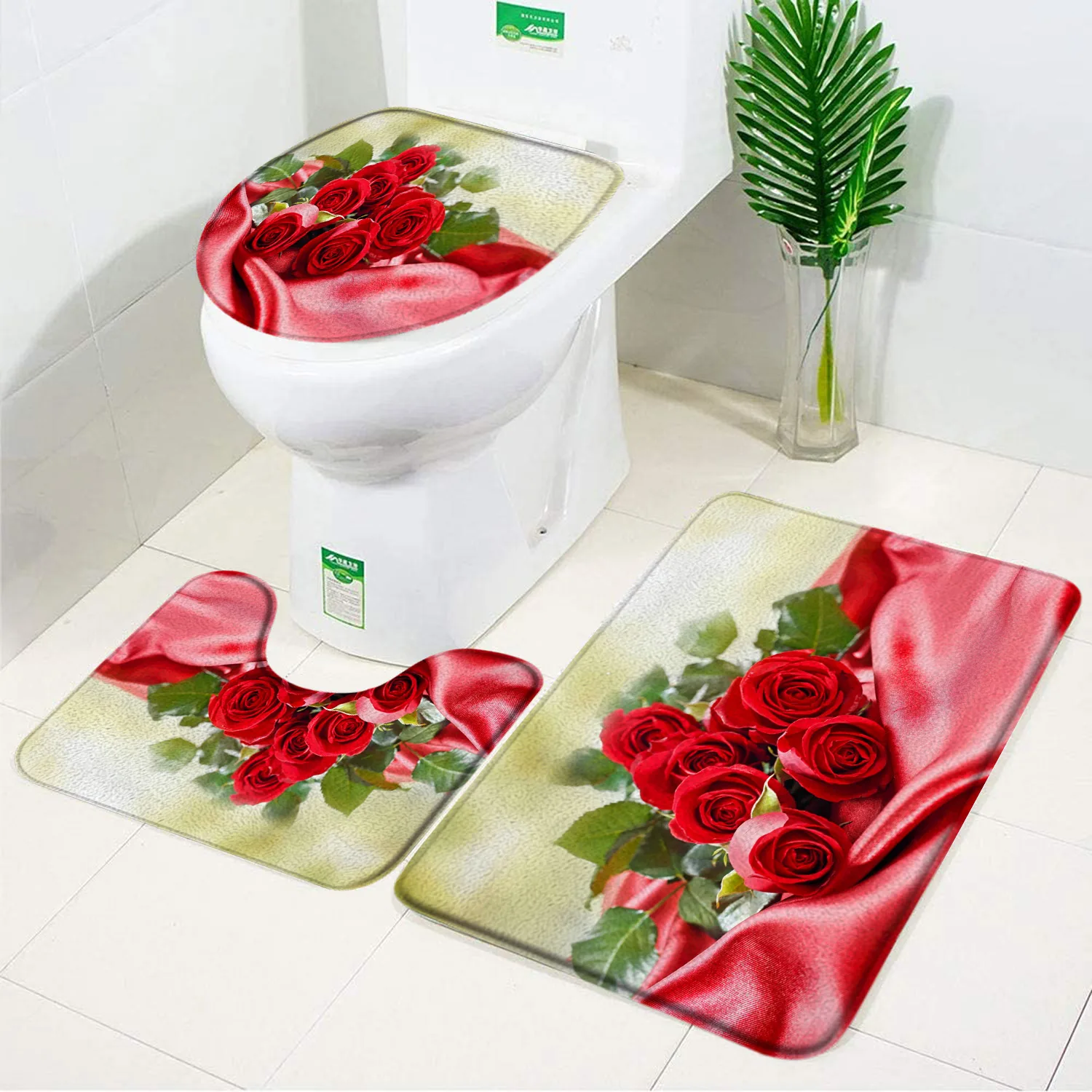 Rose Flower Bath Mat Set Red Fresh Florals Fields and Garden Plant Non-slip Toilet Lid Foot Rug Floor Mat Bathroom Accessory Set