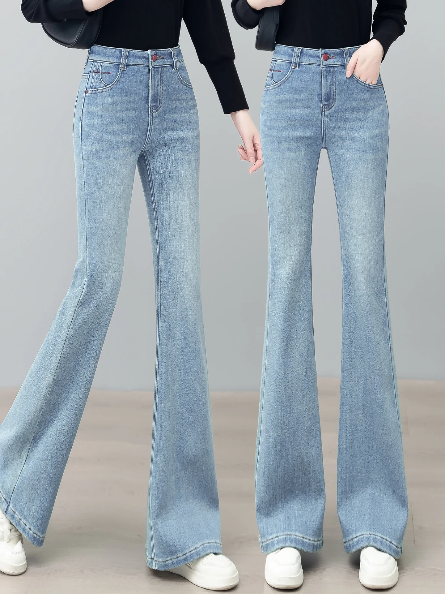 

High Waist Slimming Flared Jeans Women's Spring Autumn Winter New Style Fleece Lined Bell Bottom Pants Nine Points Length