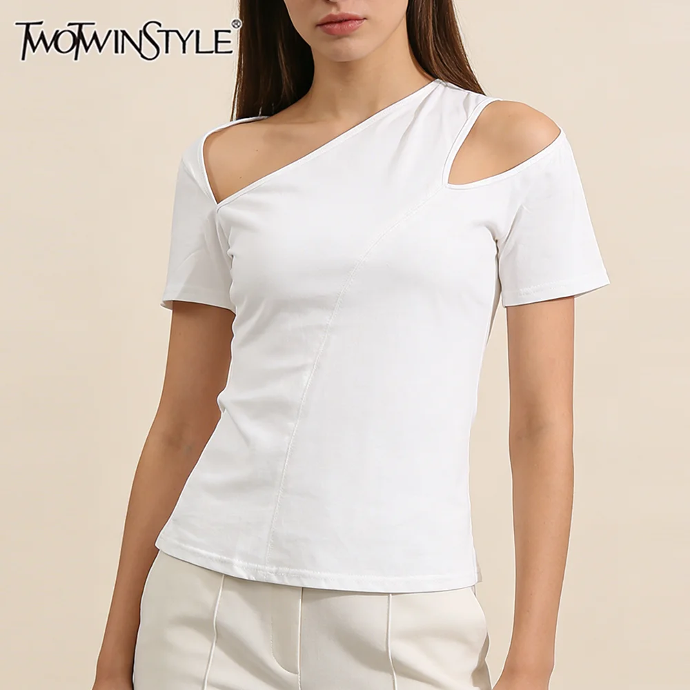 TWOTWINSTYLE White Loose Spliced Hollow Out T Shirt for Women Skew Collar Short Sleeve Minimalist Design T Shirts Female Summer