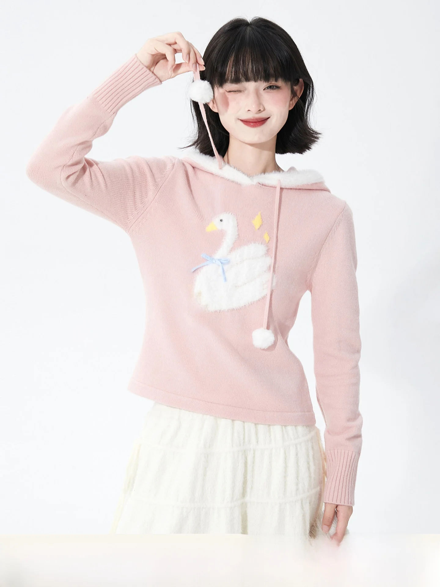 

Вязаная шапка-свитер Sweet Sle для женщин с узором «Лебедь», светло-розовая, осенне-зимняя, модная, мягкая, из нейлоновой смеси средней плотности