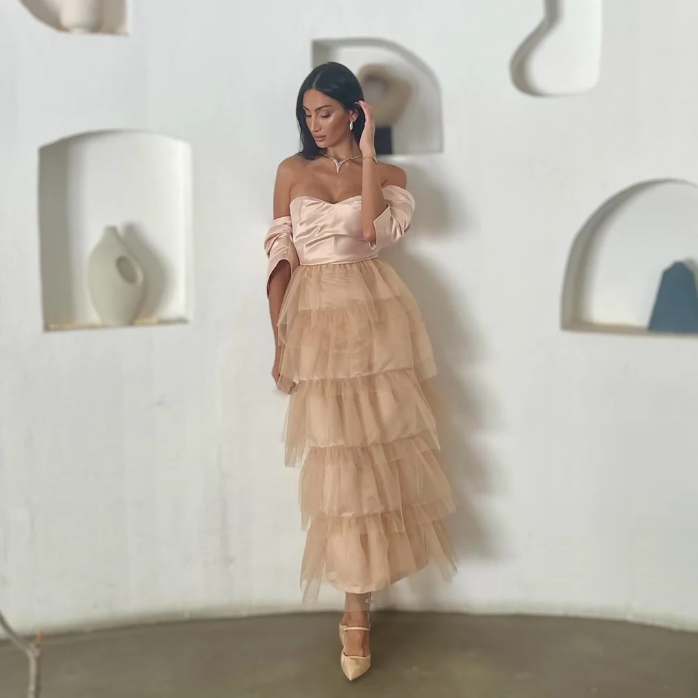 

Customized Exquisite Net Pleat Tiered A-line Off-the-shoulder Midi Dresses Bespoke Occasion Dresses Modern Style Pastrol Chinese