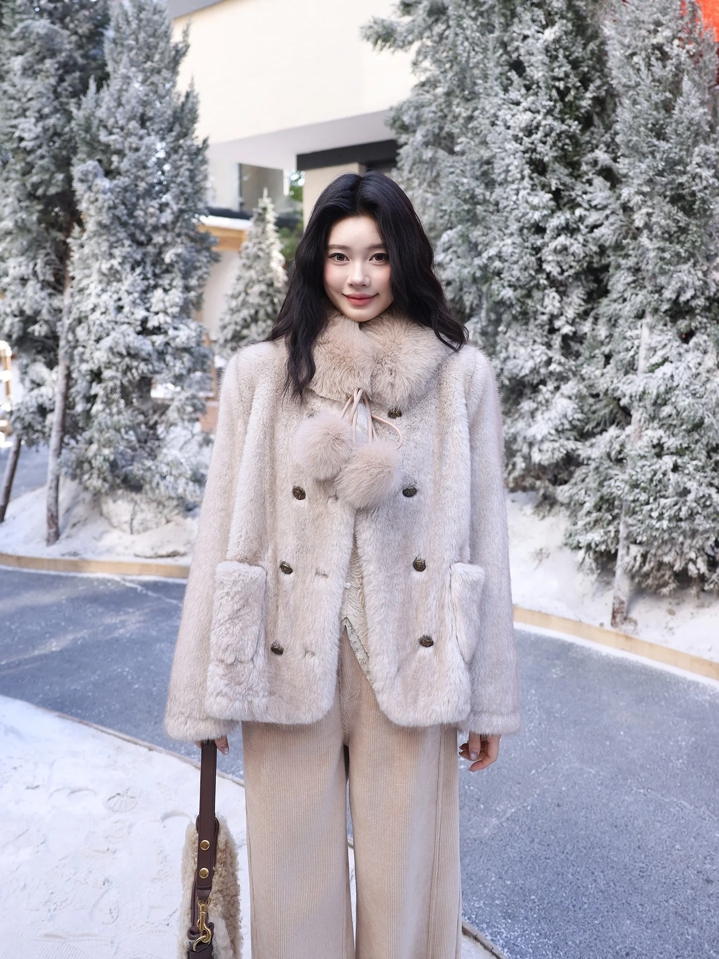 

Thi Velvet Fur Jaet Casual Sle Warm Slimming Versatile Outerwear for Women round Ne Double Button Closure No Hat