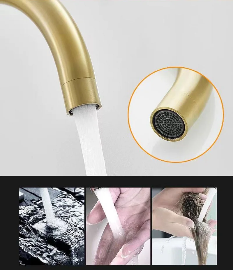 Kitchen Faucet Brushed Gold Stainless Steel 360 Degree Rotate Bathroom Washbasin Tap Cold Hot Water Mixer Deck Mount Aerator Tap