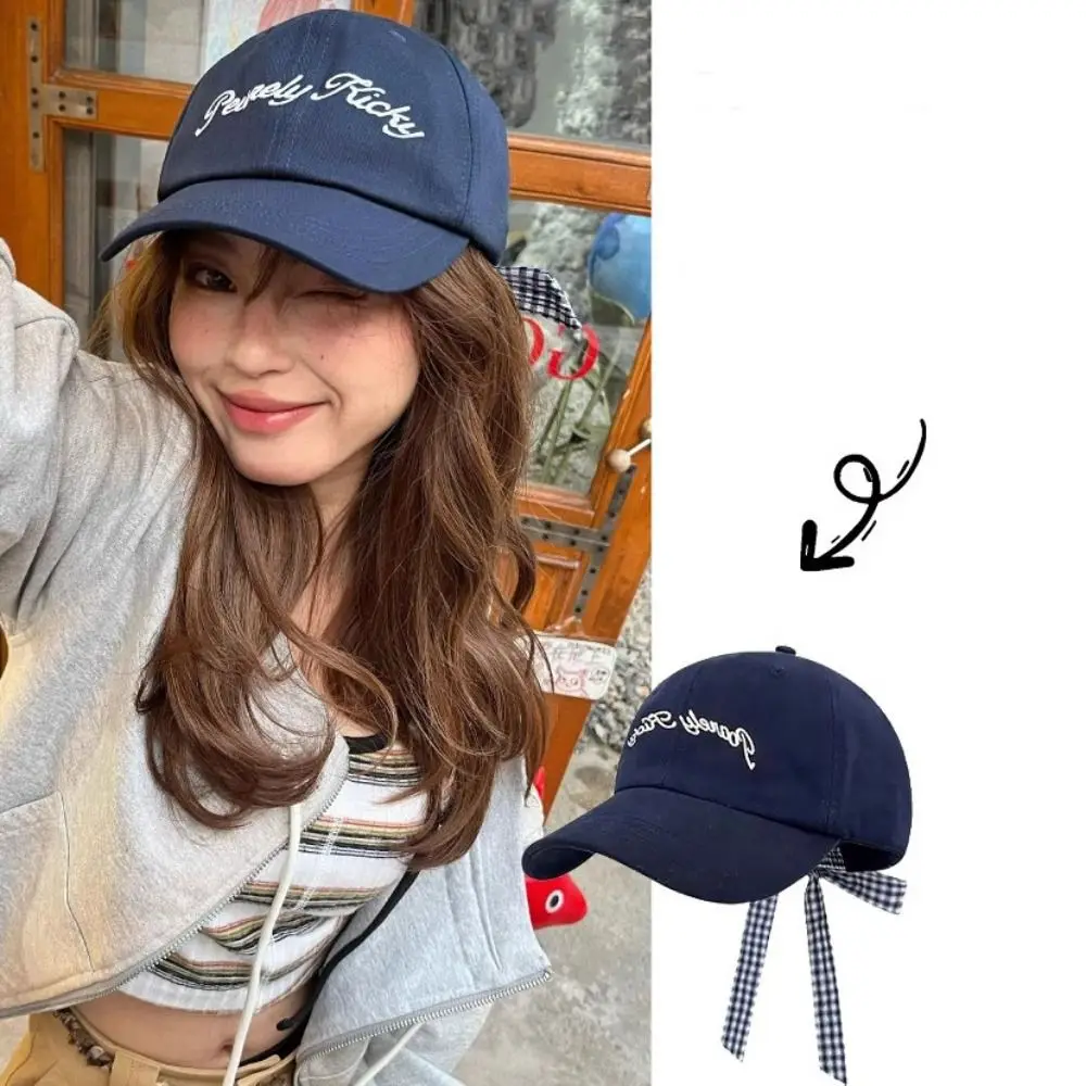 

Fashion Cotton Letter Baseball Cap UV Protection Adjustable Bow Strap Baseball Cap Casual Dome Plaid Bow Protection Hats Travel