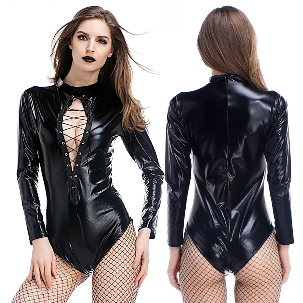 Mulheres bodysuits de couro do plutônio trajes eróticos collant borracha flexível couro catsuit zíper catwomen clubwear wetlook macacão