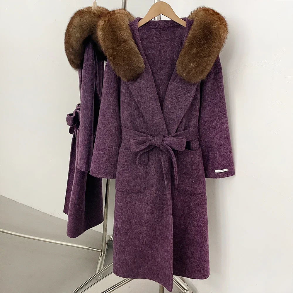 OFTBUY Luxuriöse Wolljacke mit Echtfellkragen und Kapuze, 100% Wollmantel für Damen, Neue Herbst-Winter-Lange Kleidung mit Natürlichem Fell – Detail 23