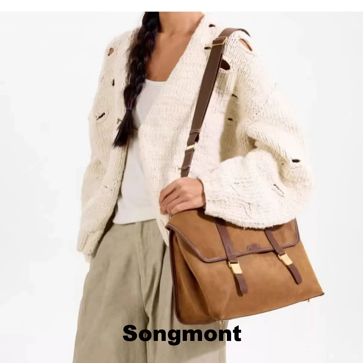 حقيبة كتف Songmont الحد الأدنى المتدلي - حقيبة من جلد الغزال خالية من الجنسين مع داخلية واسعة وأناقة حضرية