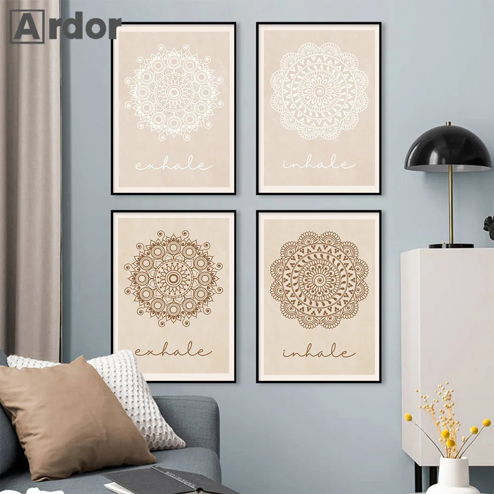 Boho Abstract Beige Art Poster Mandala Canvas Painting Yoga Inhale Exhale Lines Flower Print Wall Art Pictures Living Room Decor