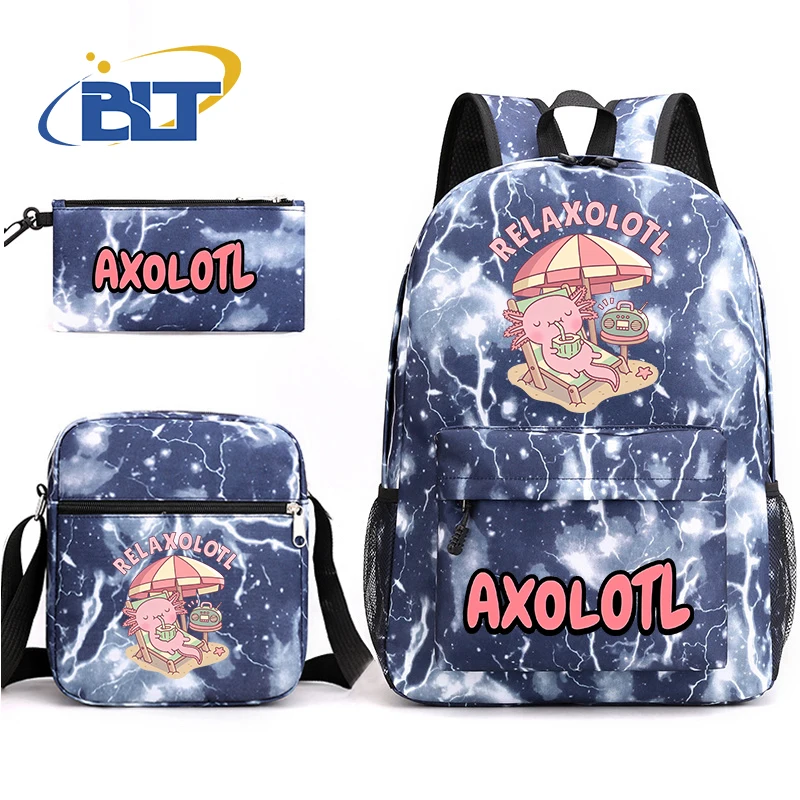 Schattige Axolotl Bedrukte Student Schooltas 3-delige Set Kinderrugzak Schoudertas Etui Set Kindercadeau