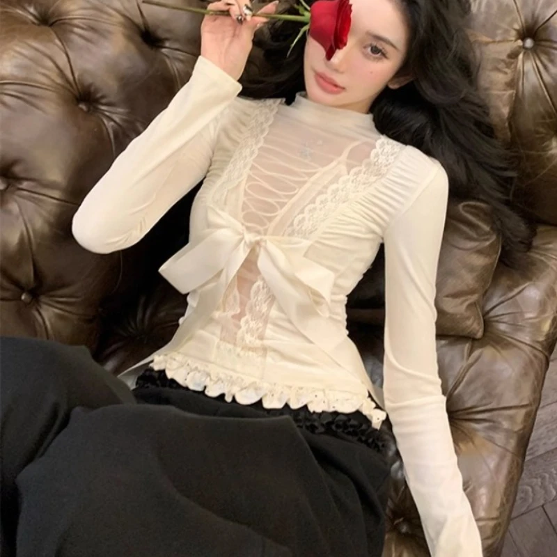 

Elegant Sexy Women Blouses Fashion Mesh Patchwork Lace Bandage Bow Slim Shirt Autumn Korean Sweet Female Chic Long Sleeve Tops