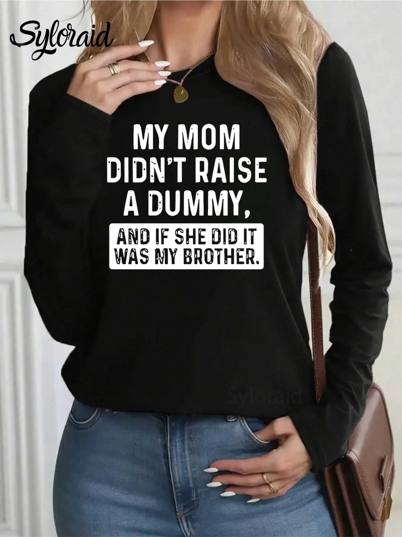 المرأة طويلة الأكمام تي شيرت أمي لم تربية الدمبل تي شيرت مضحك إقتباس قميص موضة الجولة الرقبة رداء علوي غير رسمي #2
