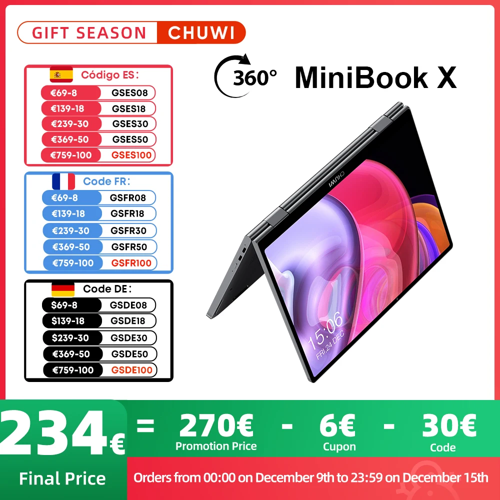 CHUWI MiniBook X Laptop 2-in-1 Yoga Mode Intel N100 N5100 10.51 Inch 12GB 512GB SSD Windows 11 Notebook