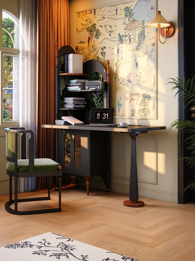 Solid wood small apartment bedroom French retro style corner study table bookshelf computer table integrated
