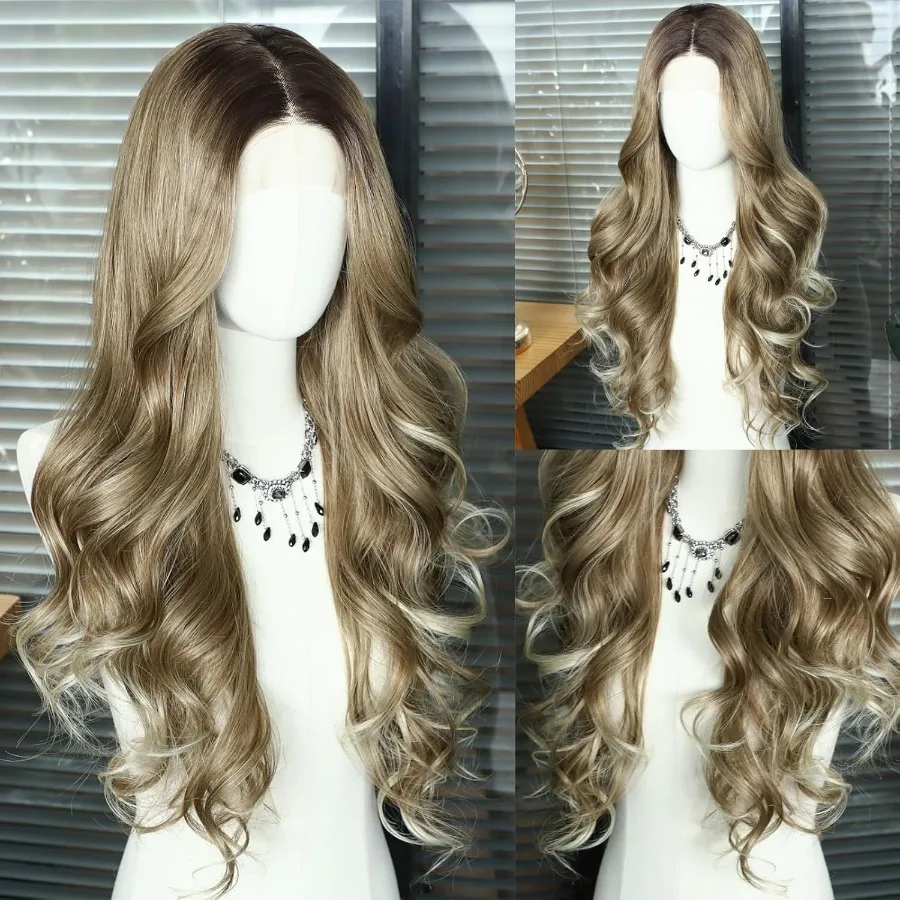 Longo corpo marrom ondulado perucas para mulher 13x4 peruca dianteira do laço sintético com pontas loiras cabelo onda natural para uso diário cosplay par