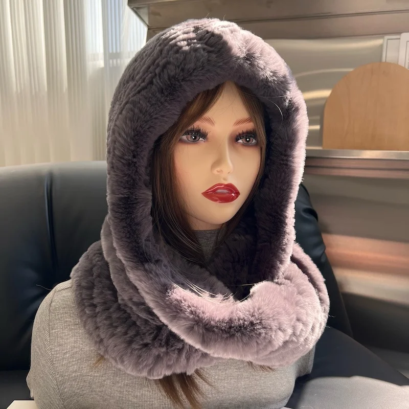 Warm 100% Rabbit Fur Hat Casual Plush Hat Scarf Casual Solid Women Caps Windproof Scarf Cap Fashion Winter Women Real Fur Caps