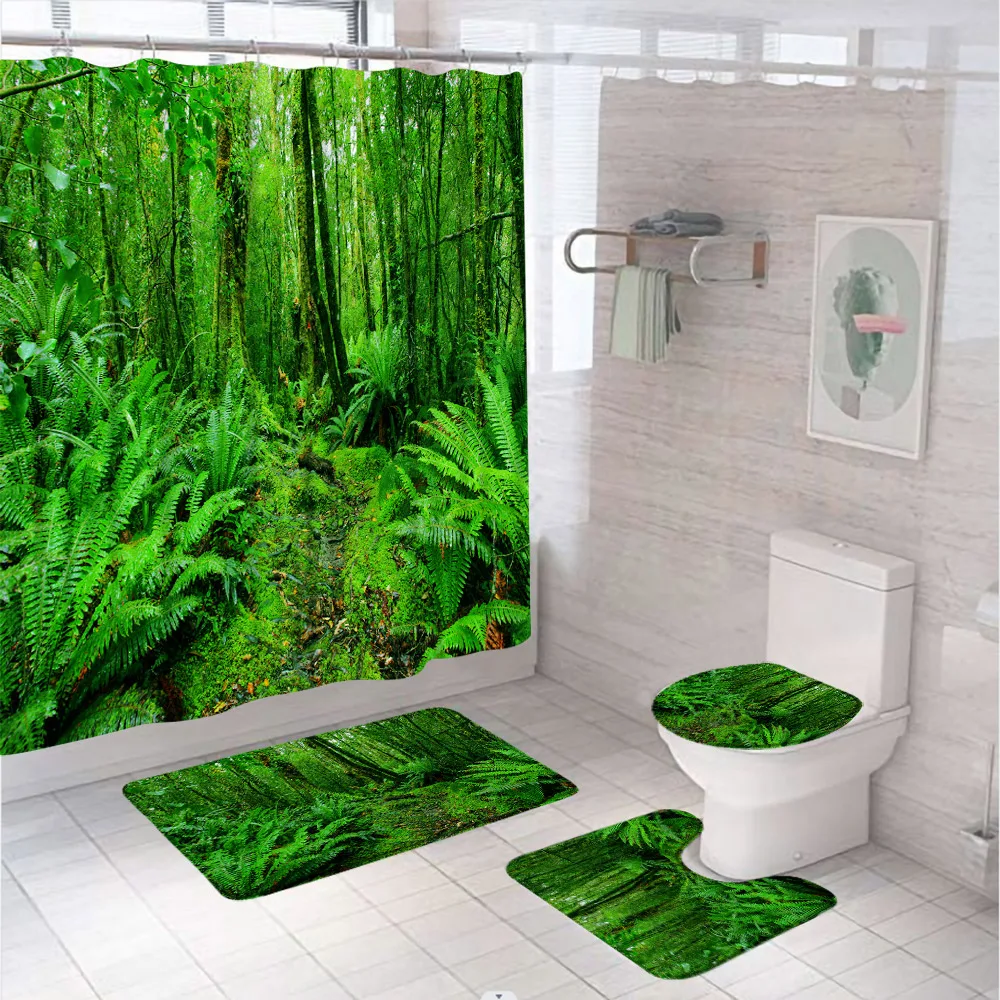 Misty Primeval Forest Landscape Shower Curtain Sets Green Tropical Jungle Tree Scenery Bath Mat Carpet Toilet Rug Bathroom Decor