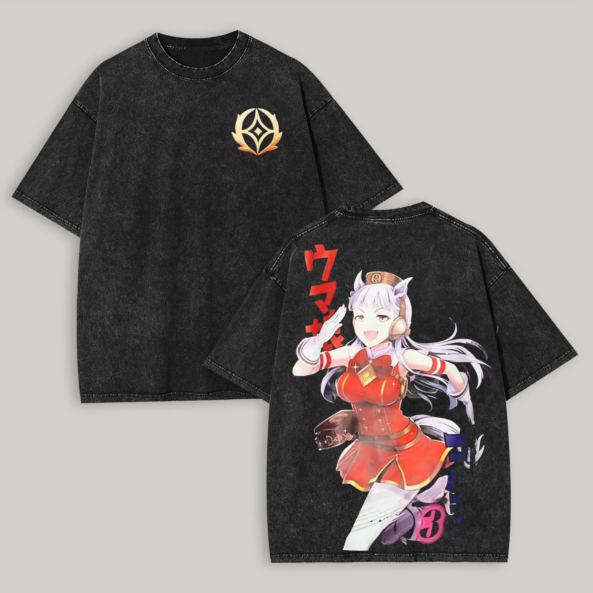 Uma Musume Pretty Derby Graphic T Shirt Vintage Washed Anime Character Print Cotton Short Sleeve Japanese Game Streetwear Tee