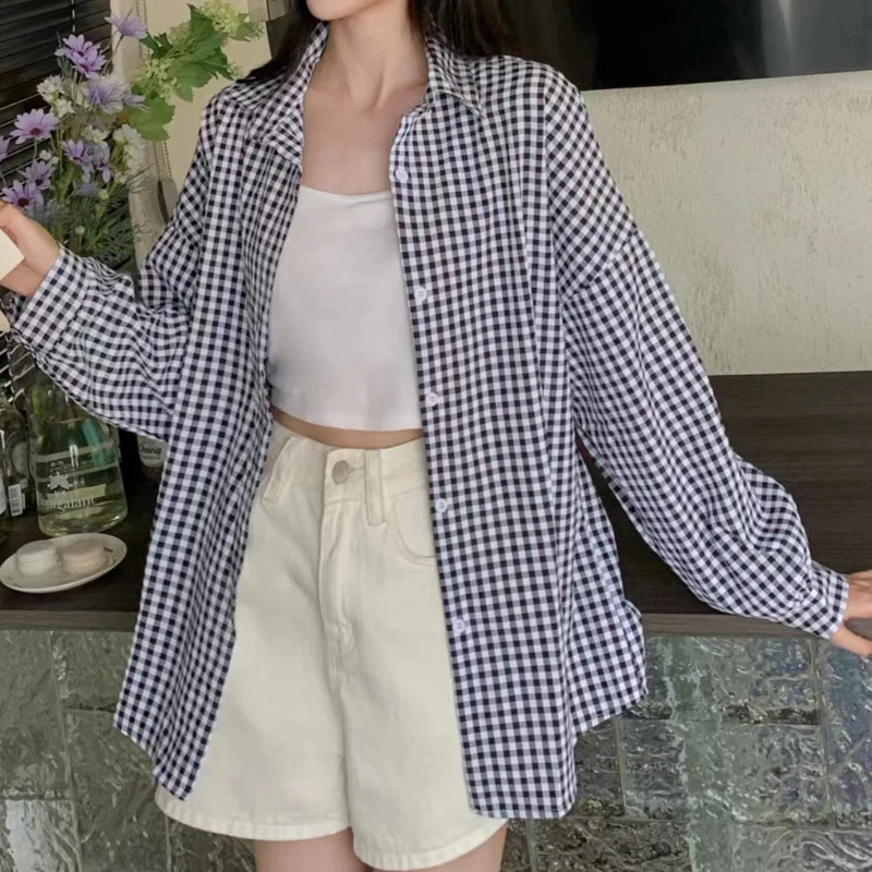 Women Gingham Shirt Long Sleeve Button-Down Pink Blue Checkered Blouse Top Jacket Summer Spring TeenGirl Boyfriend Casual Outfit