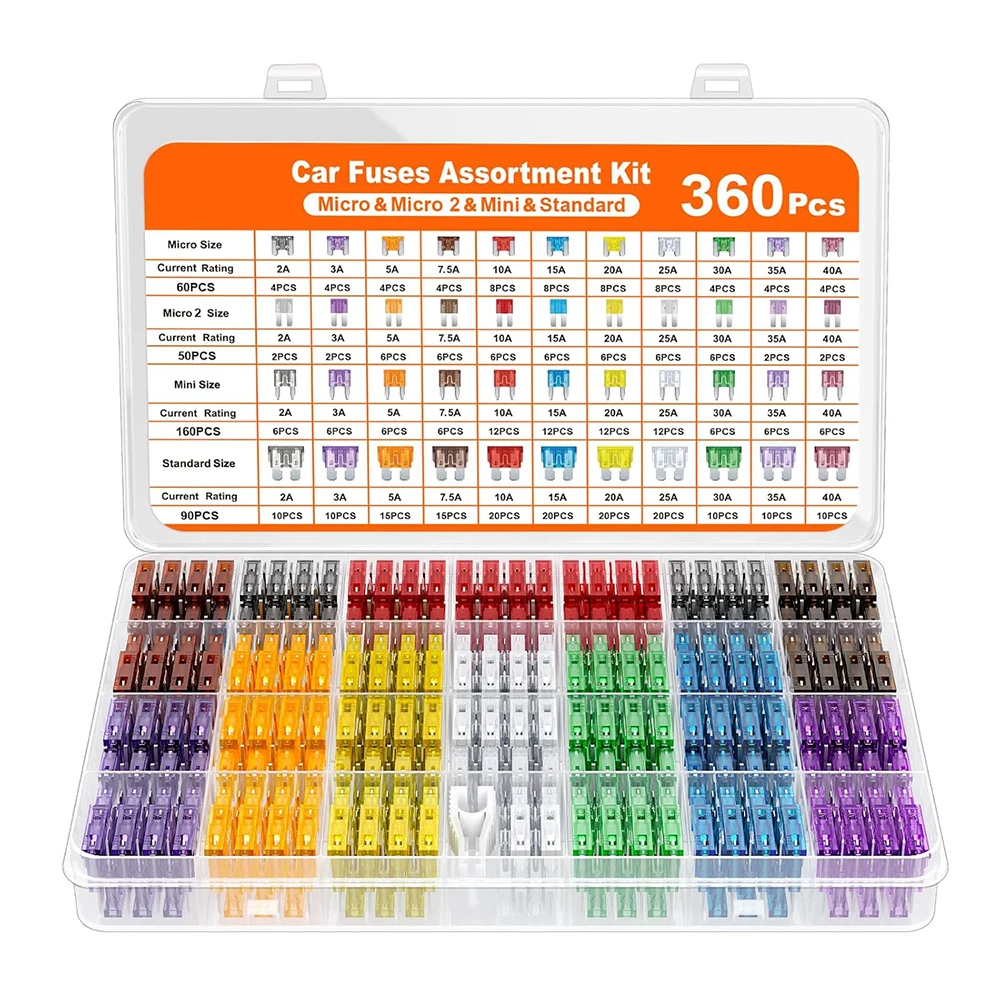 

360Pcs Fuse Assortment Kit of Car,160 Mini Blade Fuse+90 Standard Fuses+50 Micro Fuse+60 Micro2 for RV/Truck/Motorcycle(2A -40A)