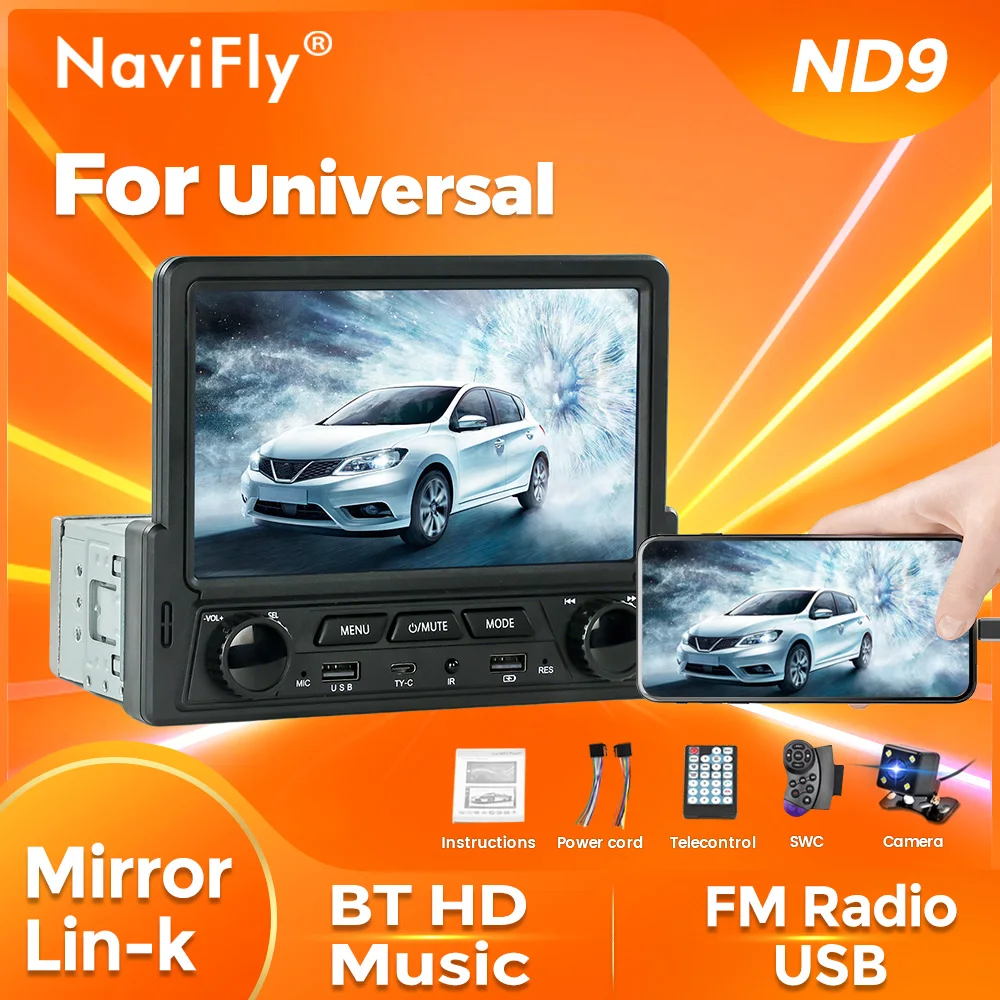 

NaviFly ND9 1 Din MP5 Универсальный автомобильный радиоприемник Мультимедийный видеоплеер 7-дюймовый сенсорный экран Аудио FM-радио Зеркало Lin-k USB Авторадио