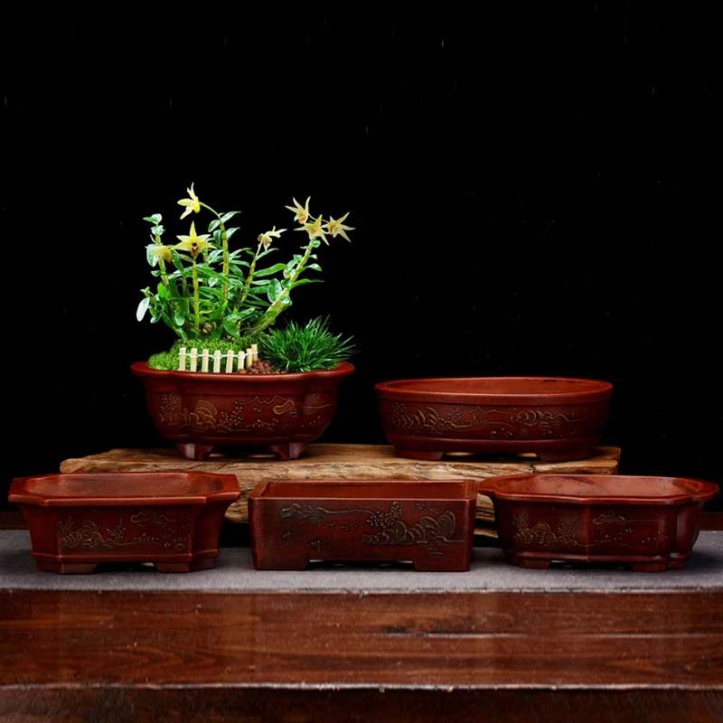 Chinese Purple Sand Large Flowerpot Square Succulent Planters Home Decor Flower Plant Gardening Cactus Indoor Bonsai Orchid Pot