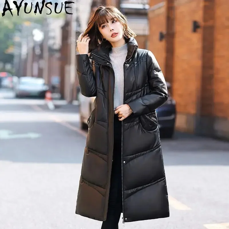 AYUNSUE-Veste longue en cuir véritable pour femme, manteau en peau de mouton véritable, col montant, mode décontractée, haute qualité, hiver, 2024