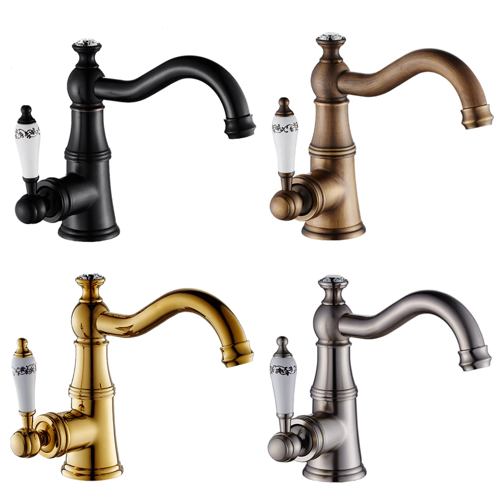 

Golden Bathroom Sink Faucet Copper Brass Deck Mount Crystal Basin Cold Hot Mixer Vessel Sink Water Taps Torneira Banheiro ZR249