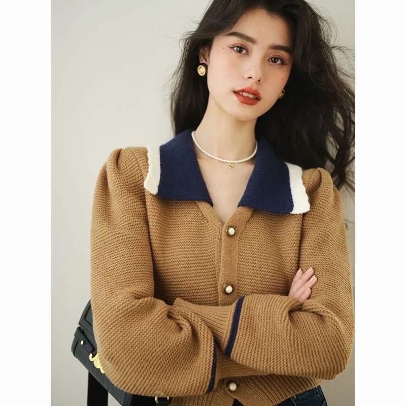 

Women Autumn Korean Office Lady All-match Polo-Neck Cardigan Long Sleeve Knitwear Ladies Simplicity Appear Thin Knitting Coat