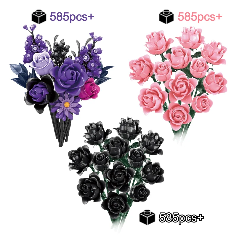 

Creative Dark Black/Pink/Purple Rose Bouquet Model Building Blocks Set Girl Assembling Ornament Model Bricks DIY Toys Gifts