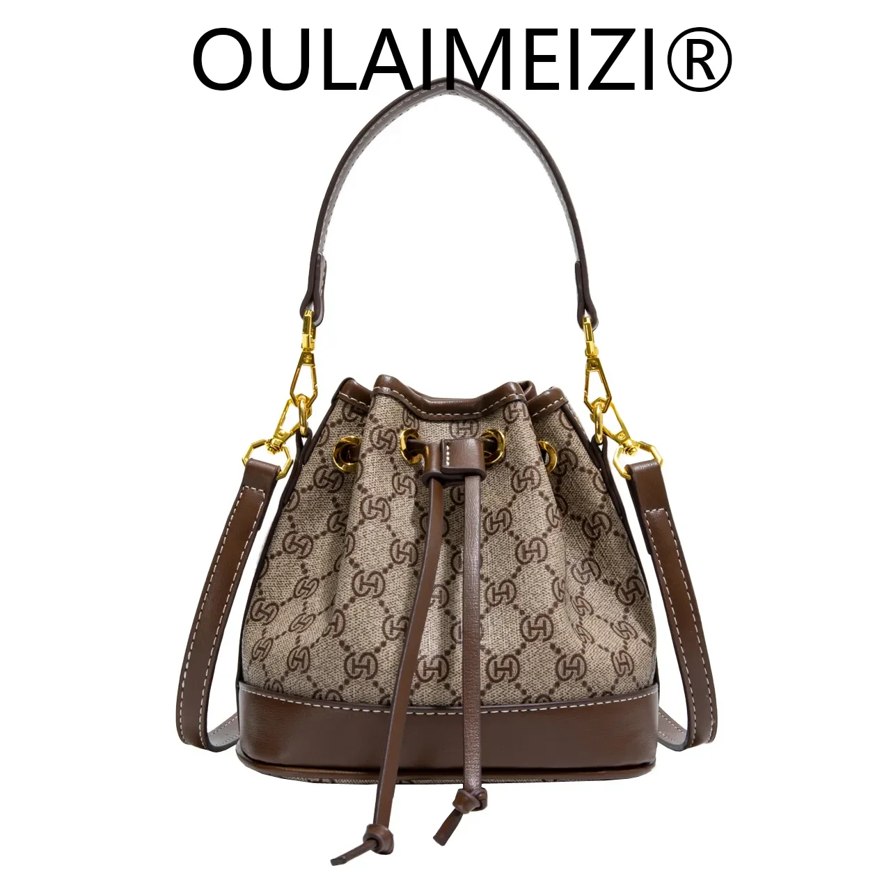 

2026 new OULAIMEIZI Women's high-end color-blocking light luxury vintage bucket bag with drawstring suitable for single-shoulder