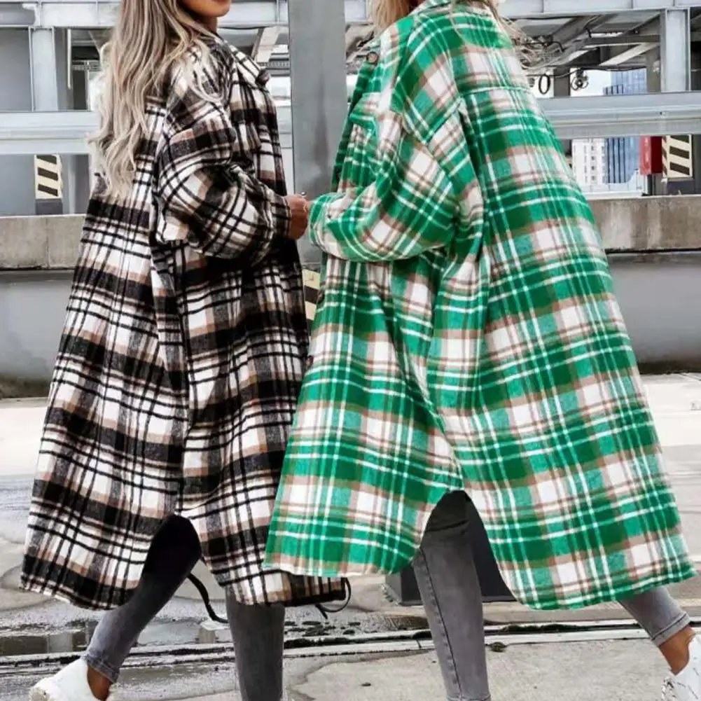 Women Coat Single-breasted Long Sleeve Midi Length Loose Classic Sunscreen Plaid Print Split Spring Coat Women Clothing