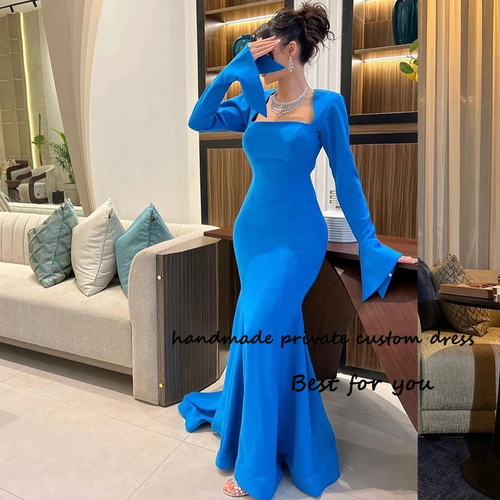 

Royal Blue Satin Mermaid Evening Prom Dresses for Women Long Sleeve Square Neck Formal Dress with Train Arabic Dubai Prom Gowns