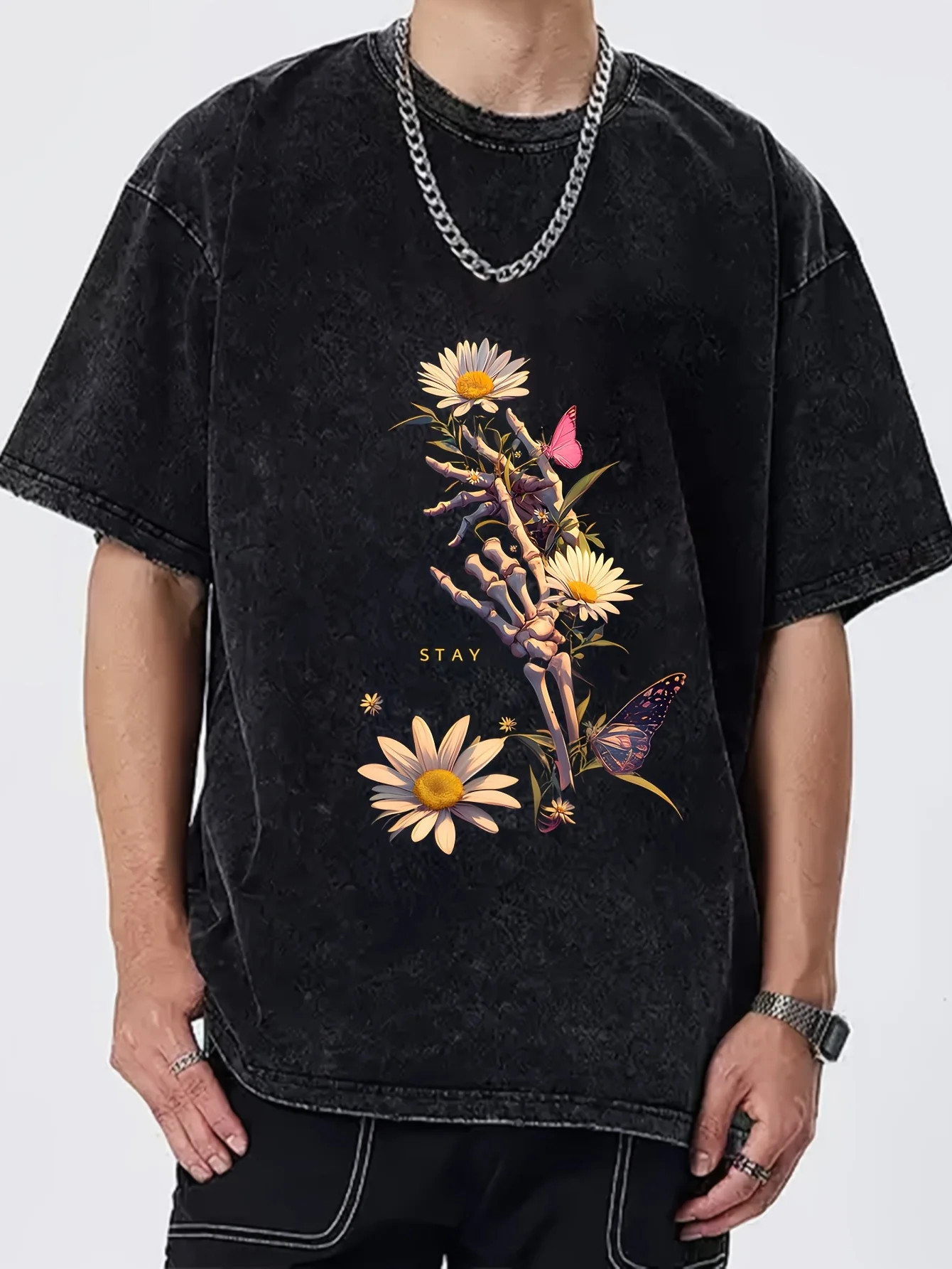 Men Round Neck Short Sleeve T‑Shirt, Creative Painting Print Loose Streetwear Tee, Stretchy Knit Fabric Machine Washable