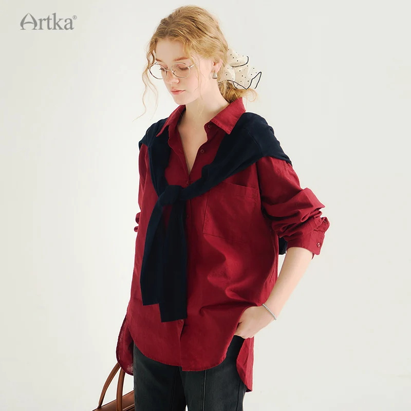 ARTKA 2024 Autumn New Women Shirt Fashion Casual Long Sleeve Shirts With Wool Shawl 2 Piece Set 2 Colors Loose Blouse Female SA9