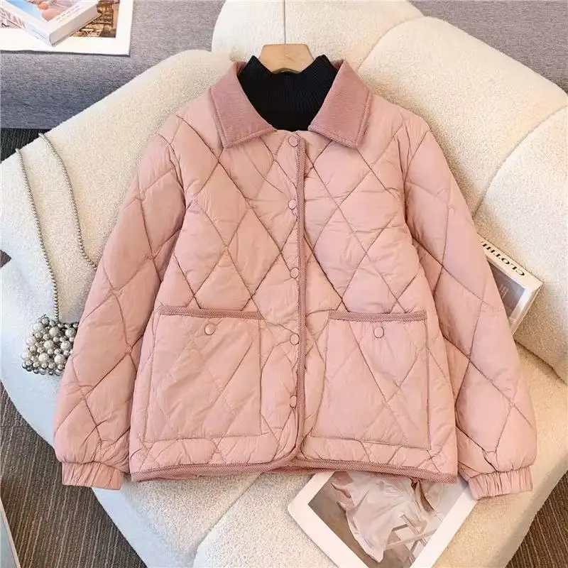 Diamond Lattice Women's Quilted Jacket Lapel Corduroy Collar Lightweight Short Cotton Coat Casual Warm Outerwear with Pockets