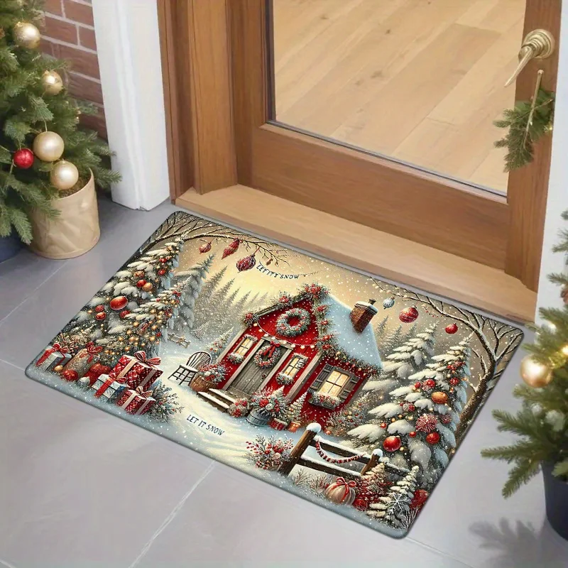VIKAMA Christmas Doormat Non‑Slip Front Entrance Rug Washable Indoor Outdoor Xmas Snow Cabin Forest Gift Winter Mat