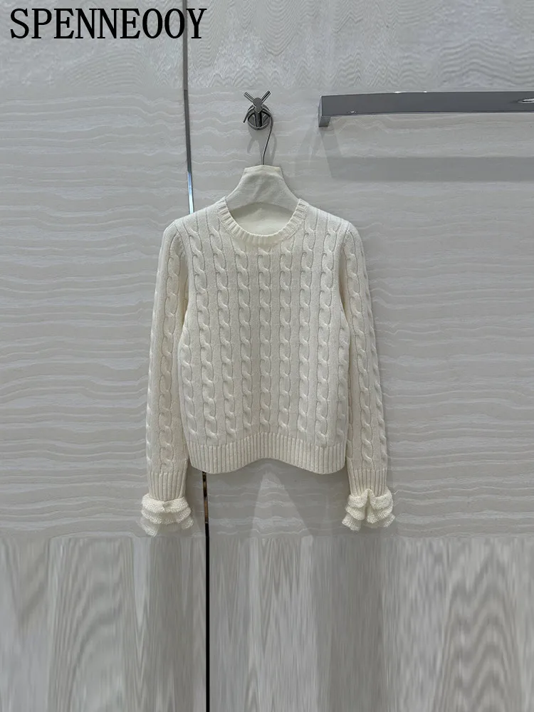 SPENNEOOY Fashion Runway Autumn Winter White Casual Pullovers Women's O-Neck Flounces Sleeve Loose Solid Color Rib-knit Sweaters