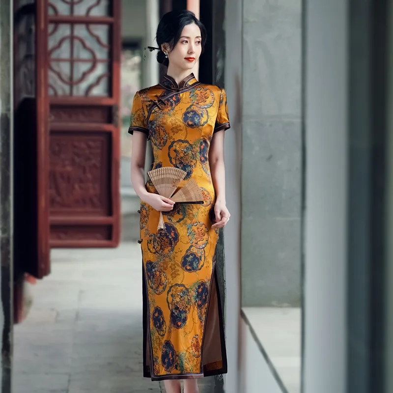 

Старый Шанхайский элитный Cheongsam Qipao из натурального шелка 2024, новое улучшенное длинное платье в стиле Китайской Республики в стиле ретро
