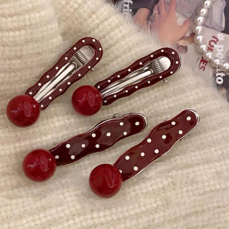 Dark Red Polka Dot Alloy Hairpin Cute Point Sweet Girls Women Duck Bill Clip Bangs Clip New Fashion Headwear Hair Accessories