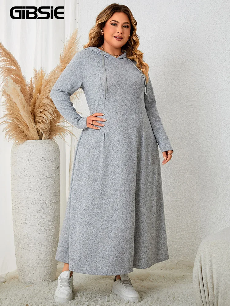 GIBSIE Plus Size jednolita szara sukienka bluza ze ściąganym kapturem kobiety 2023 odzież Streetwear na jesień i zimę sukienki Maxi w stylu Casual z