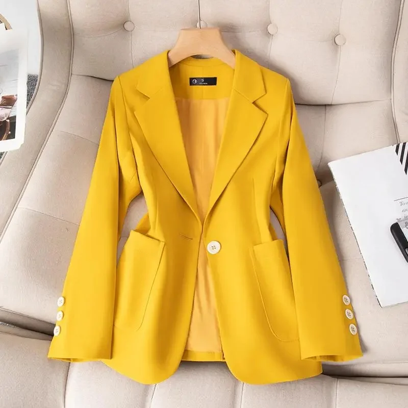 

Women Blazer 2023 New Yellow Khaki Blue Black Long Sleeve Single Button Suit Ladies Work Wear Jacket Coat Female Outerwear 4XL