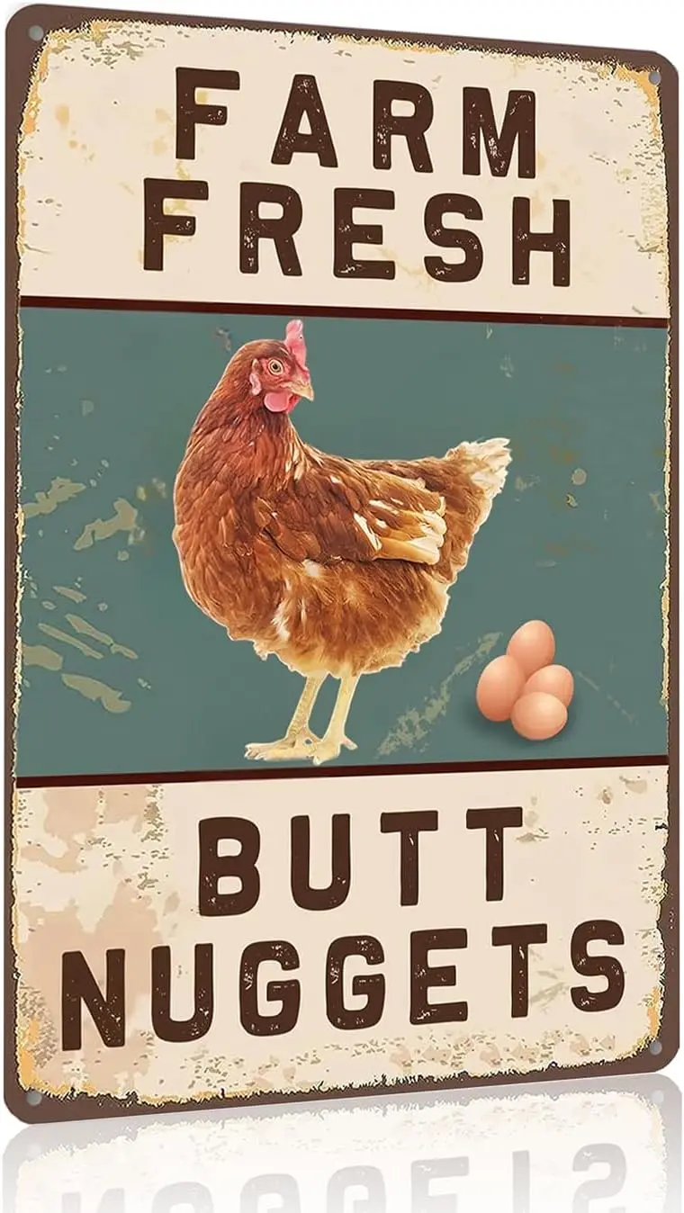 Vintage Chicken Accessories Chicken Farm Fresh Butt Nuggets Metal Sign for Home Farm Chicken Coop Yard Kitchen Outdoor Decor 8×1