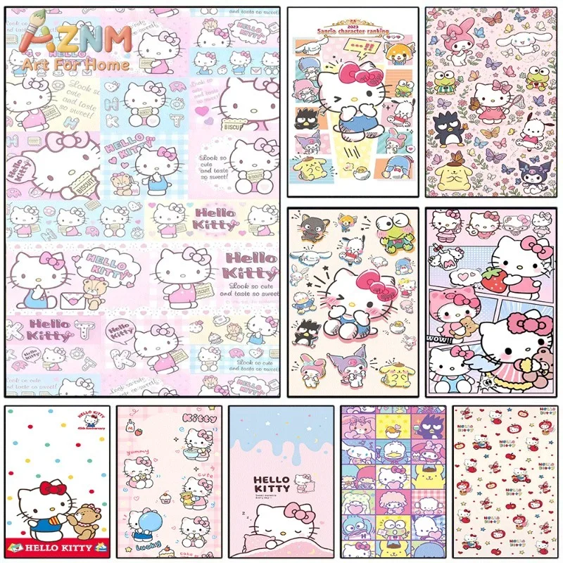 Sanrio Hello Kitty Canvas Wall Art Unframed Print Cute Cartoon Cat Collage Bow Strawberry Poster for Bedroom Dorm Living Room Ho