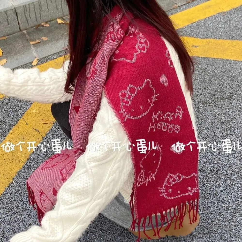 ผ้าพันคอซานริโอ้ เฮลโล คิตตี้ ผ้าพันคอขนนุ่มสองด้าน ลายการ์ตูนน่ารัก อุ่นหนา เหมาะสำหรับฤดูหนาว น่ารัก หวาน น่ารักสไตล์นักเรียนหญิง ของขวัญเทศกาล