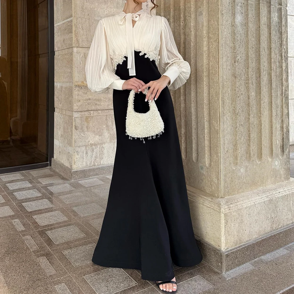 

Customized A-line Evening Dresses Floor-length V-neck Full Sleeve Prom Gown Fashion Beading Simple Draped Casual Party Gown
