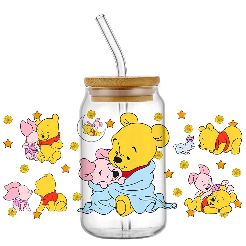 popular Cartoon Winnie bear For 16oz Can Glass 3D Waterproof UV DTF Coffee Can Wrap Libbey Glass cup wrap