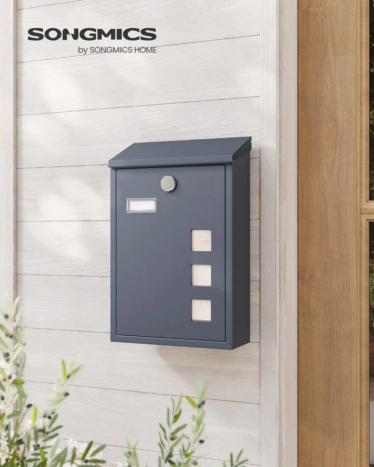 SONGMICS Post Box, Wall Mounted Letterbox, Mailbox, Copper Lock Cylinder with Swivel Cap, Viewing Windows, Nameplate