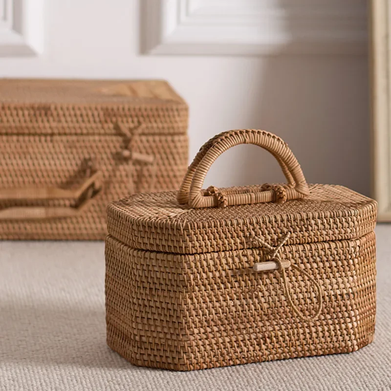 Solid Wood Rattan Woven Storage Box Retro Photography Props Picnic Basket Belt Cover Home Tea Ceremony Storage Decoration Box