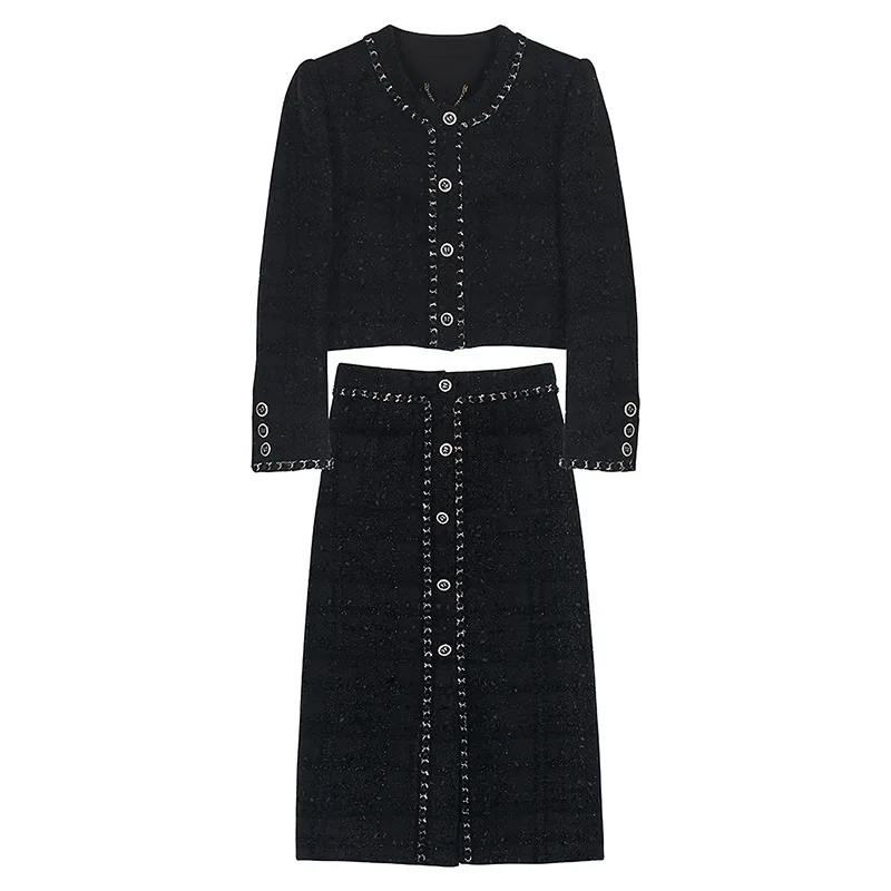 

French Luxury High Quality Vintage Black Fragrance Women Suit Autumn Winter Long-sleeved Tweed Coat+ Skirt Elegant Two-piece Set