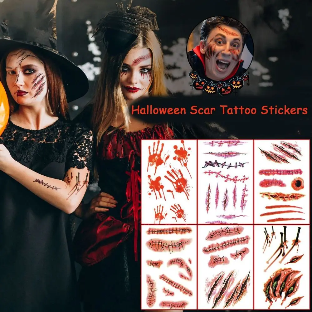 

30Sheets Big Mouth Halloween Tattoo Stickers Waterproof Disposable Face Sticker Eye Decals Bloody Makeup Scar Tattoo Halloween